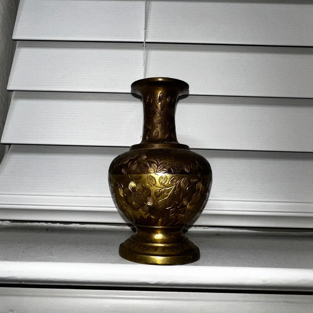 Vintage Hand Etched Brass Floral Bud Vase Gold Tone Antique Style Rustic Charm